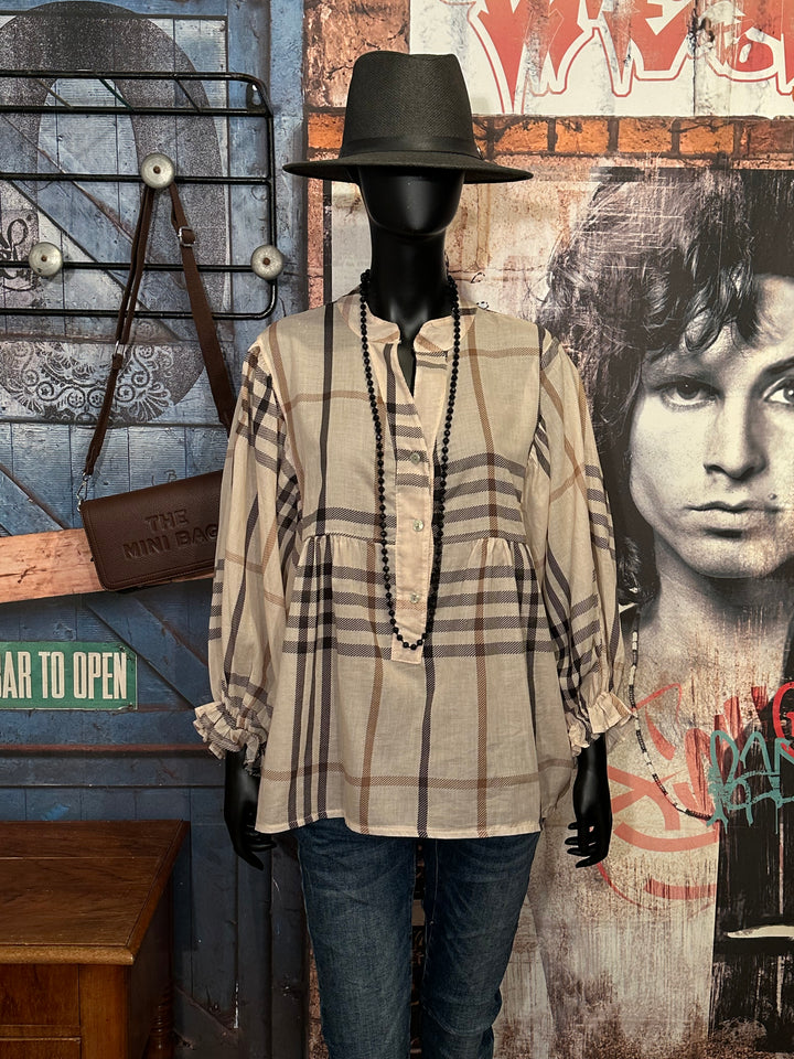 Blouse oversize à carreaux en voile de coton beige (40/46)
