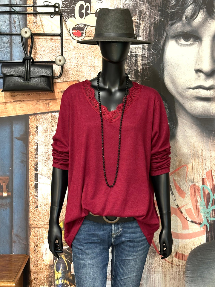 Flüssiger Pullover mit V-Ausschnitt und Spitze (42/46) MADE IN 🇮🇹