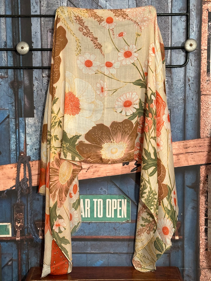 Foulard "fleurs "  tons beige, brique & marron …. 100% naturel