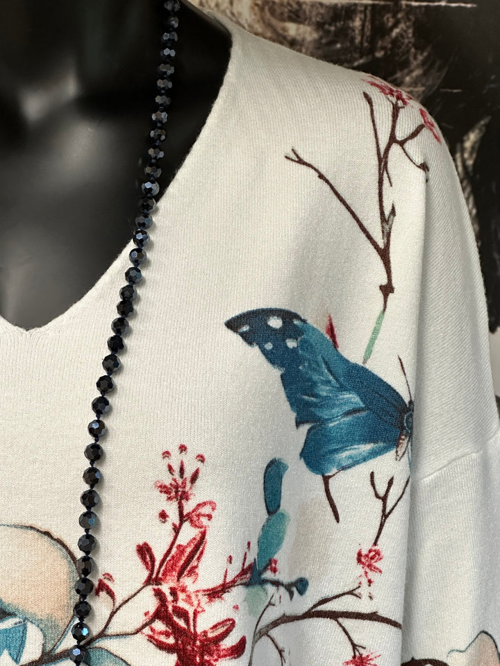 Pull col V imprimé "floral & papillons"  (40/44)