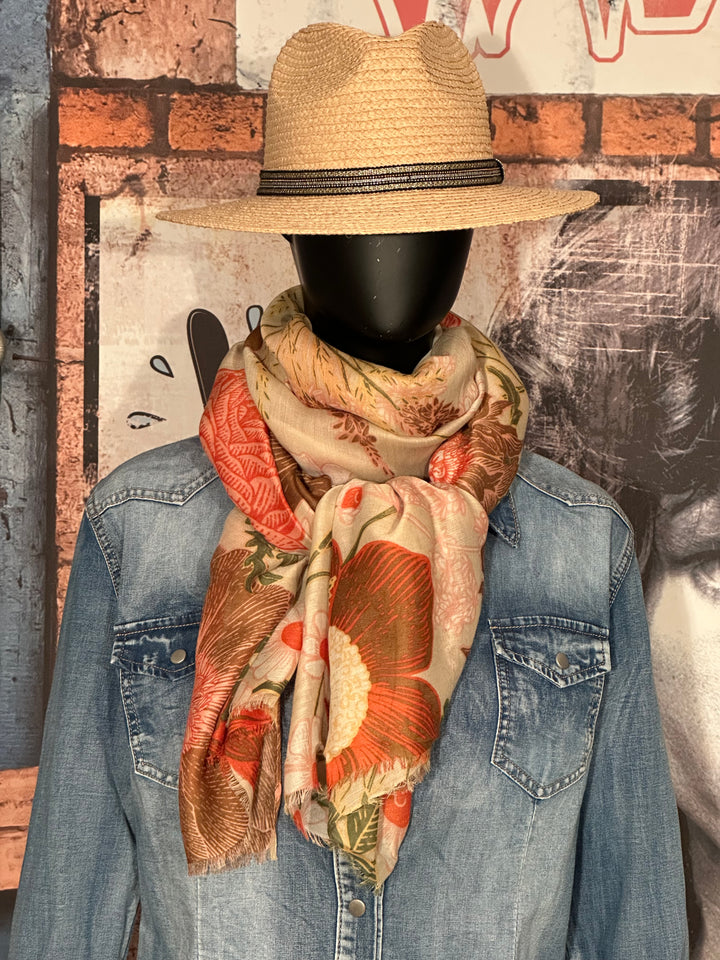 Foulard "fleurs "  tons beige, brique & marron …. 100% naturel