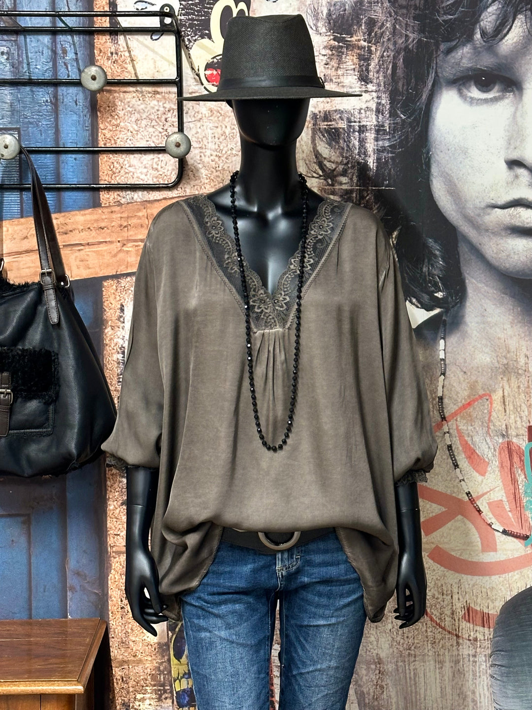 Top mit langen Ärmeln satiniert Viskose & Seide (44/48) MADE IN 🇮🇹