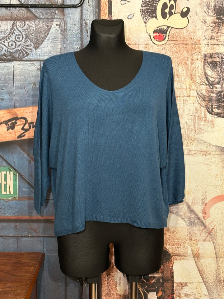 Kurzer Feinstrickpullover mit 3/4-Ärmeln & V-Ausschnitt in Petrolblau (36/40)