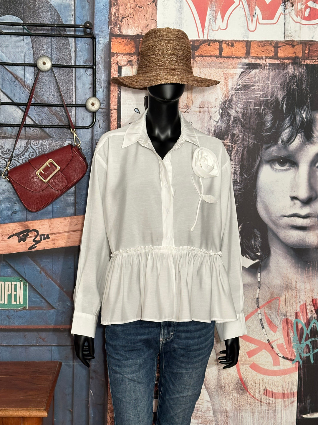 Einfarbige Bluse im Boho-Stil Off-White
