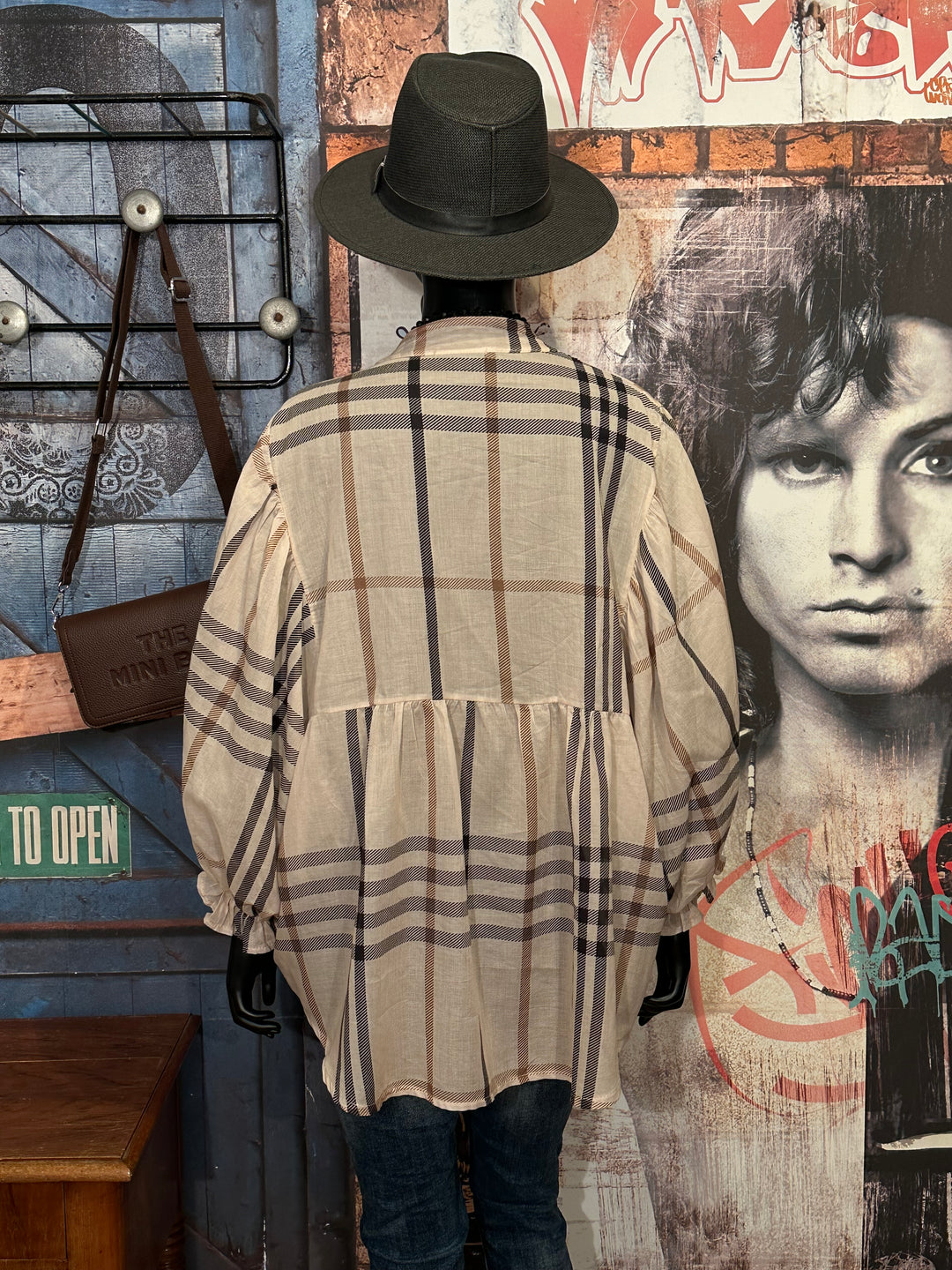 Blouse oversize à carreaux en voile de coton beige (40/46)