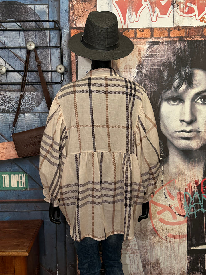 Blouse oversize à carreaux en voile de coton beige (40/46)