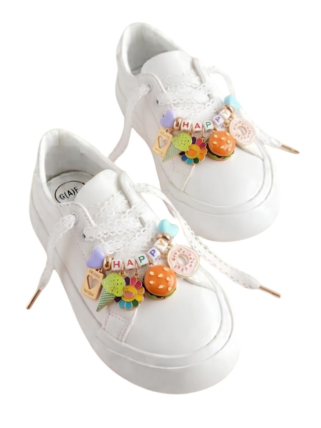 Lacets blancs en dentelle &amp; charms fantaisies "hamburger"
