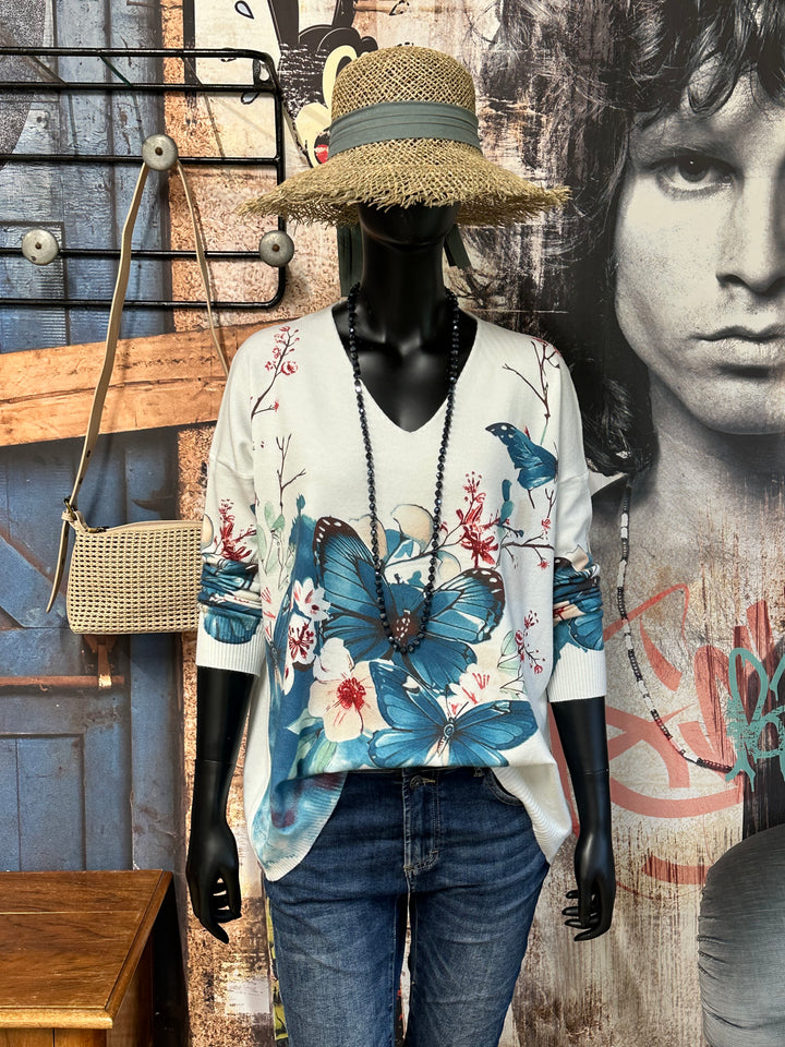 Pull col V imprimé "floral & papillons"  (40/44)