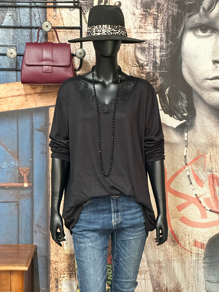 Flüssiger Pullover mit V-Ausschnitt und Spitze (42/46) MADE IN 🇮🇹