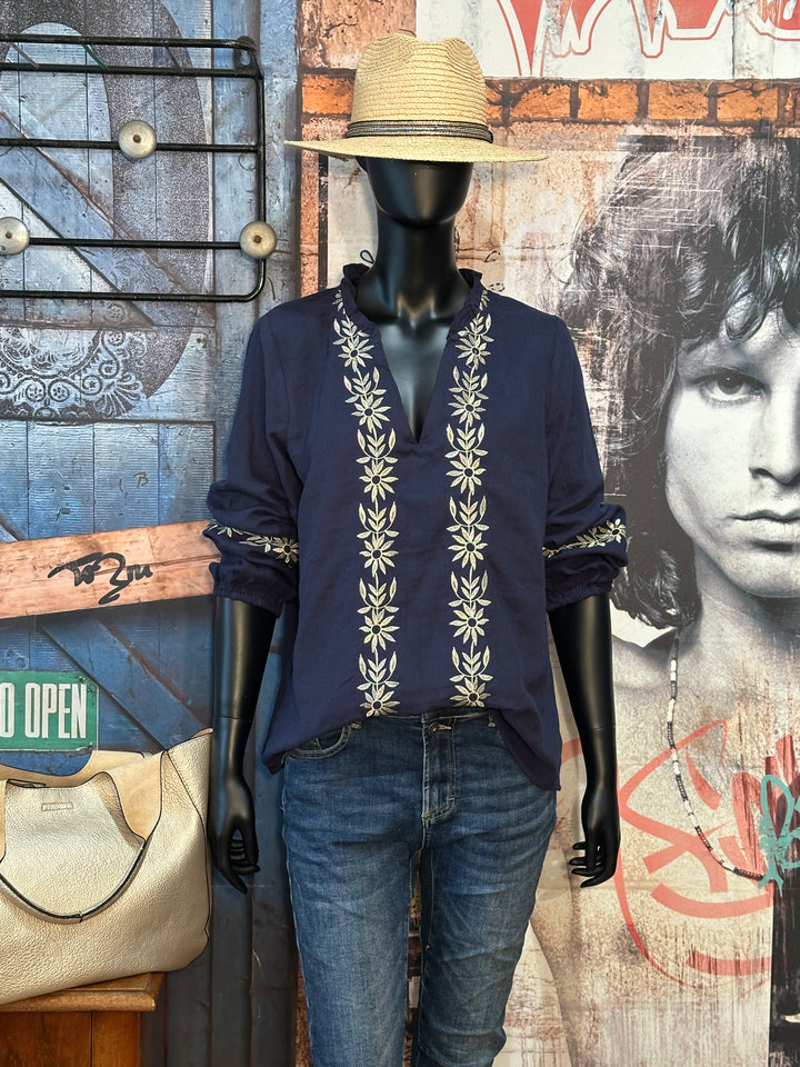 Bluse "Maëlle" 100% Baumwolle marineblau & gold