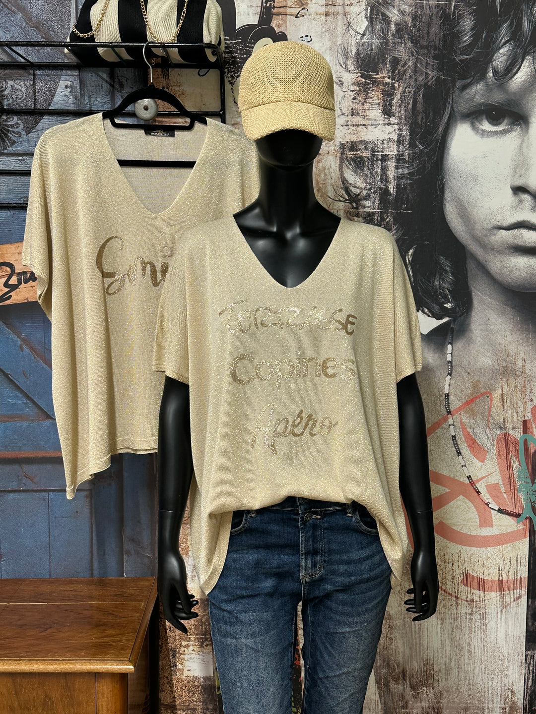 T-shirt en maille fine "Elisa" beige &amp; doré (42/46) MADE IN ITALY