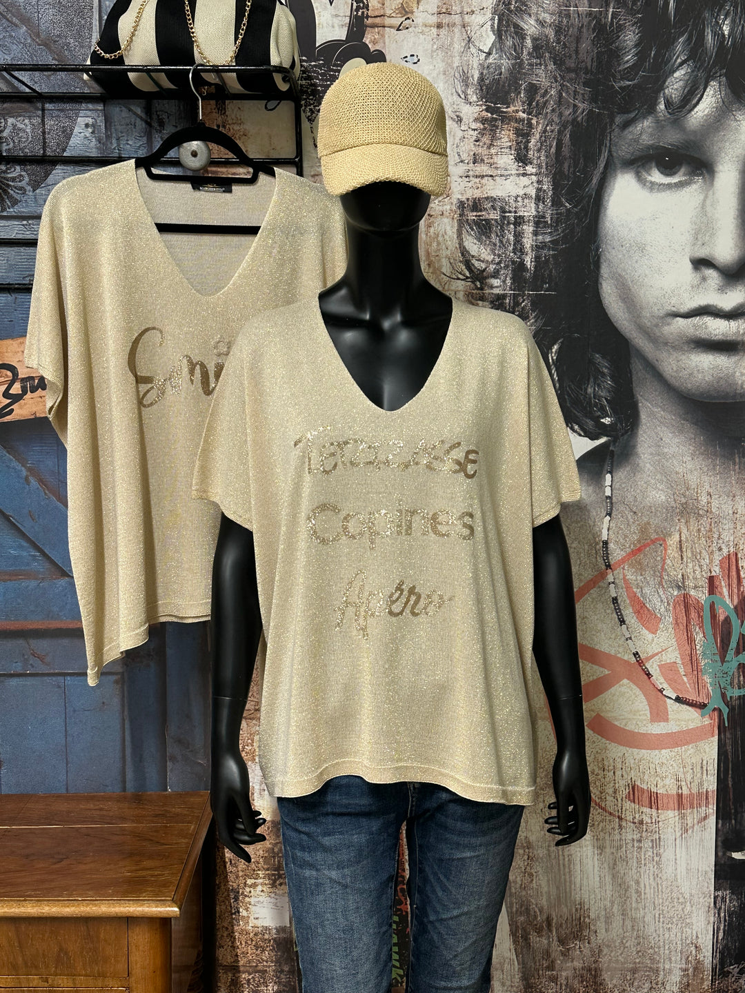 T-shirt en maille fine "Elisa" beige &amp; doré (42/46) MADE IN ITALY