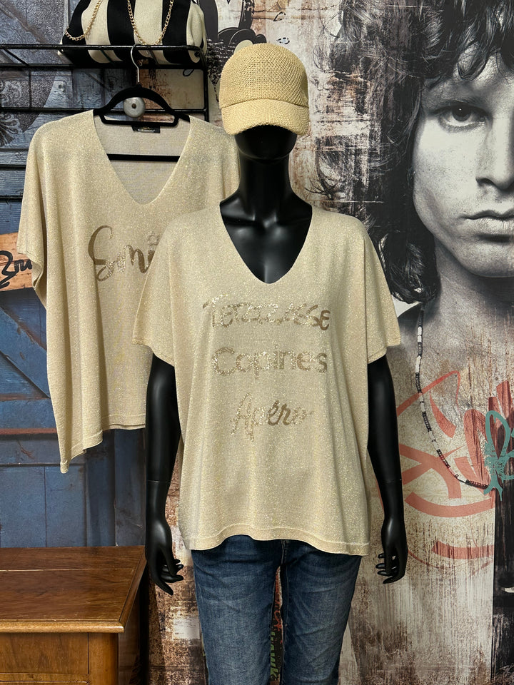 T-shirt en maille fine "Elisa" beige &amp; doré (42/46) MADE IN ITALY