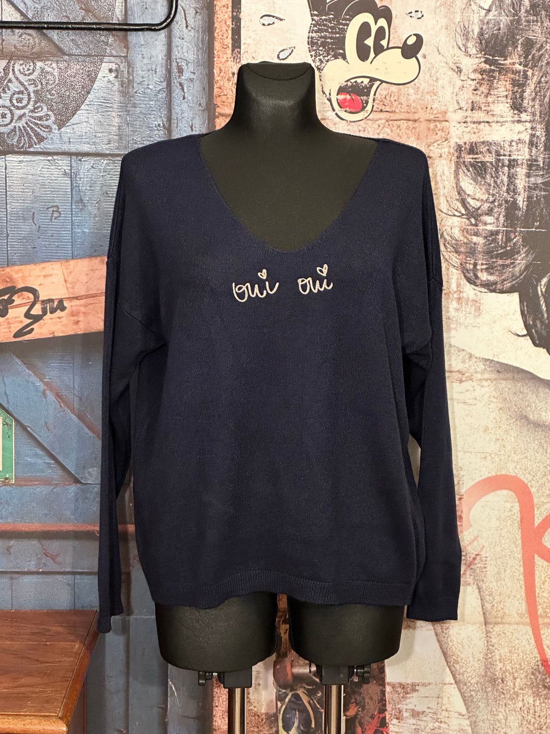Pull col V "oui oui" bleu marine (38/42)