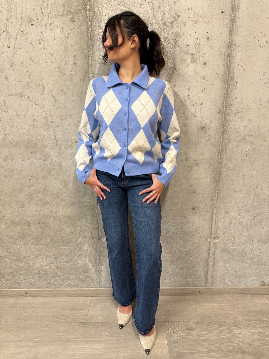 Cardigan motif "argyle" bleu clair & crème (36/40)