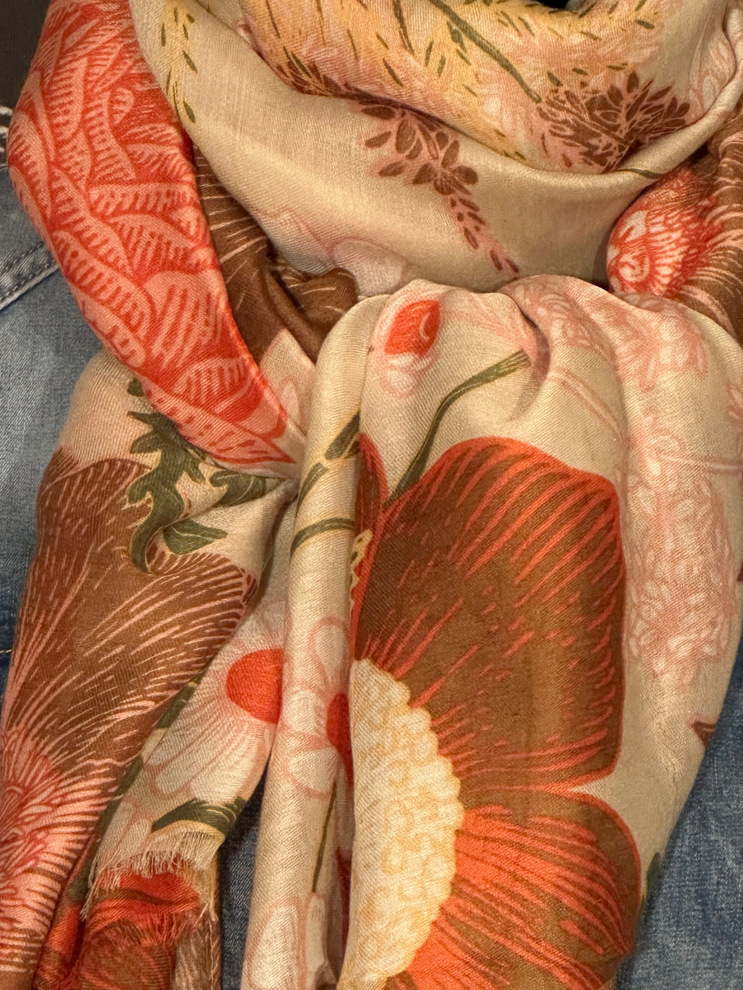 Foulard "fleurs "  tons beige, brique & marron …. 100% naturel