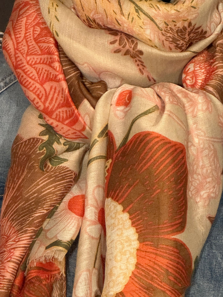 Foulard "fleurs "  tons beige, brique & marron …. 100% naturel