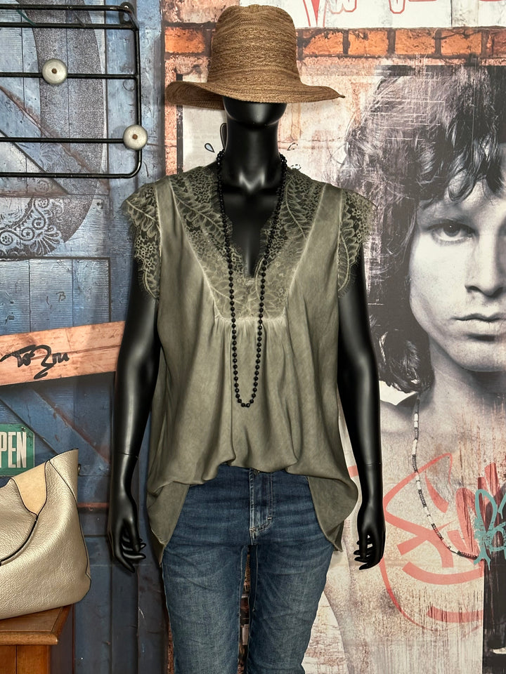 Top Viskose & Seide Ärmel Spitze + SIZE khaki