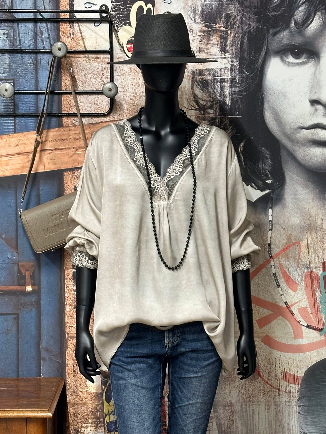 Top mit langen Ärmeln satiniert Viskose & Seide (44/48) MADE IN 🇮🇹