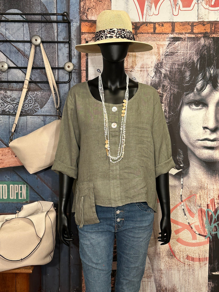 Blouse col rond 100% lin kaki