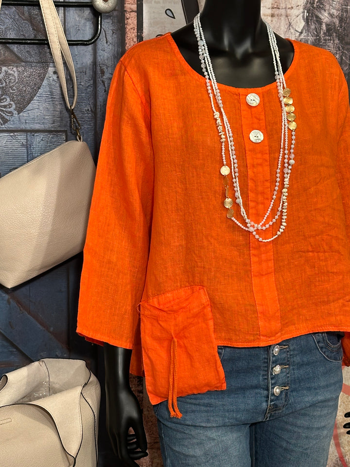 Blouse col rond 100% lin orange