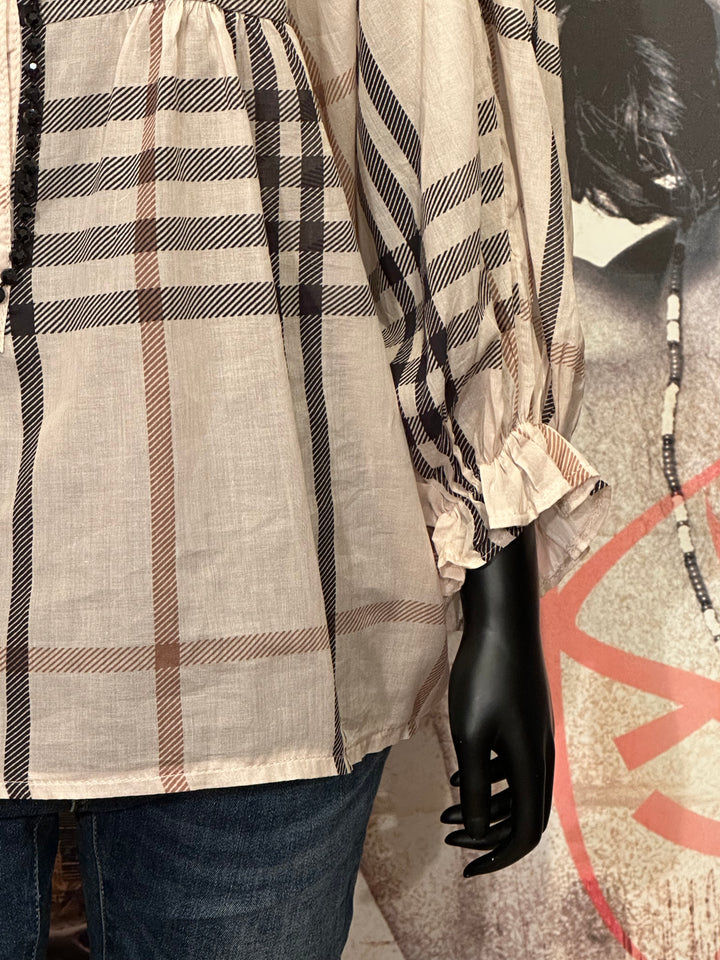 Blouse oversize à carreaux en voile de coton beige (40/46)