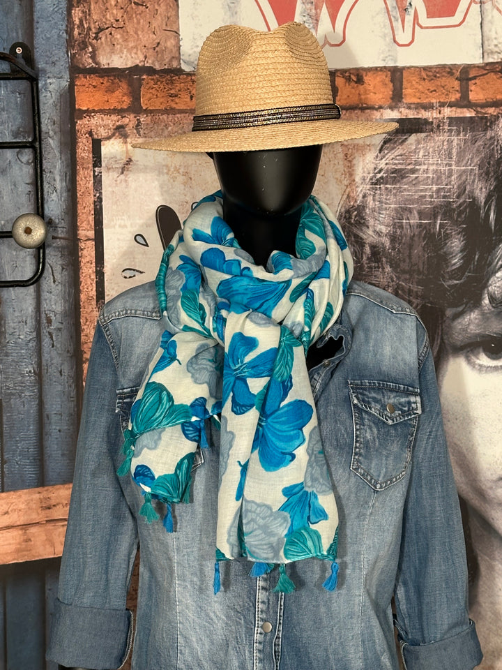 Foulard "fleurs de lys"  tons blanc, bleu & turquoise…. 100% naturel