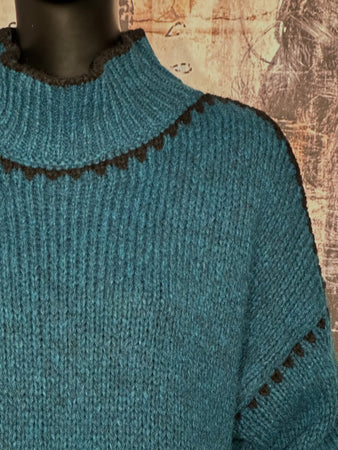 Strickpullover mit Stehkragen Petrolblau & Schwarz