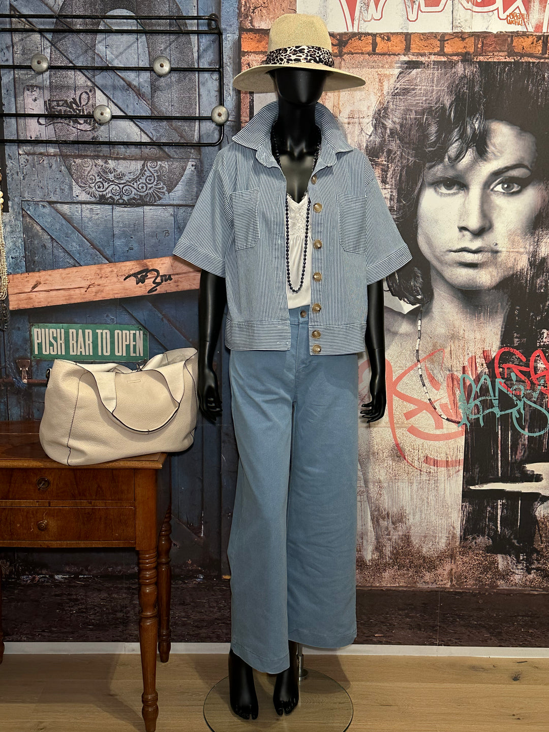Veste lignée manches courtes light blue & blanc