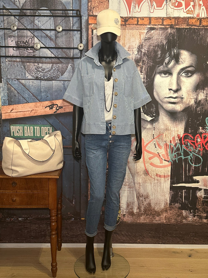 Veste lignée manches courtes light blue & blanc