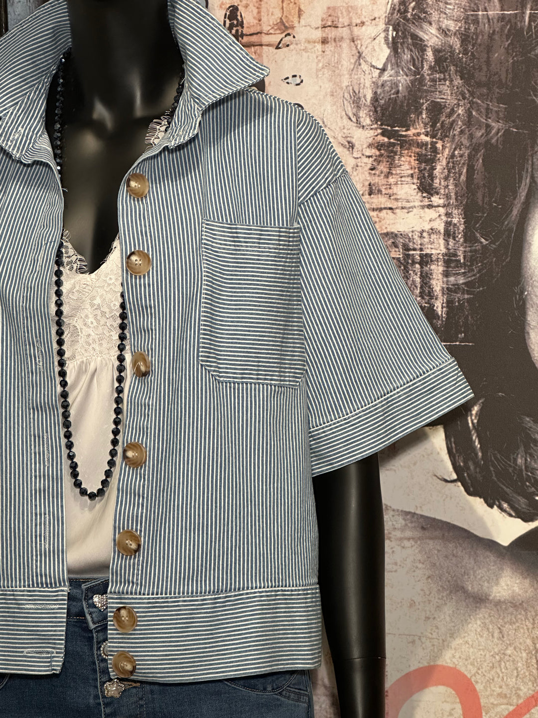 Veste lignée manches courtes light blue & blanc