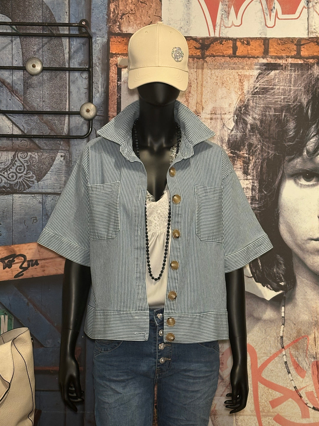 Veste lignée manches courtes light blue & blanc