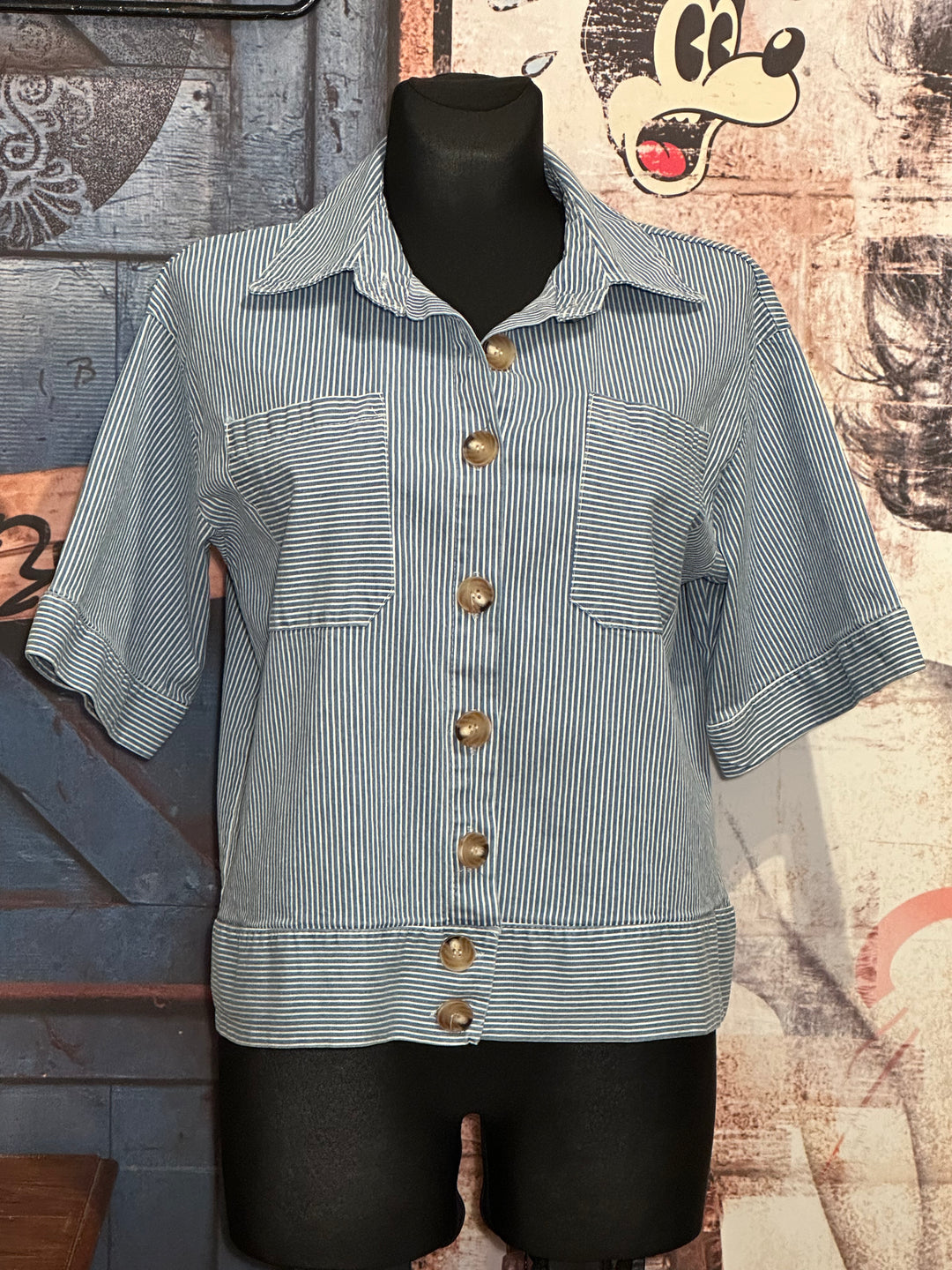 Veste lignée manches courtes light blue & blanc