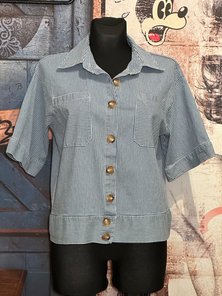 Veste lignée manches courtes light blue & blanc