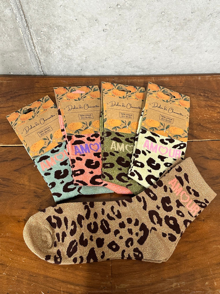 Chaussettes pailletées léopard "AMOUR"
