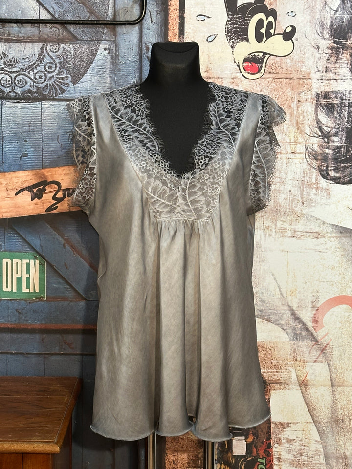 Top viscose & soie manches dentelle + SIZE gris