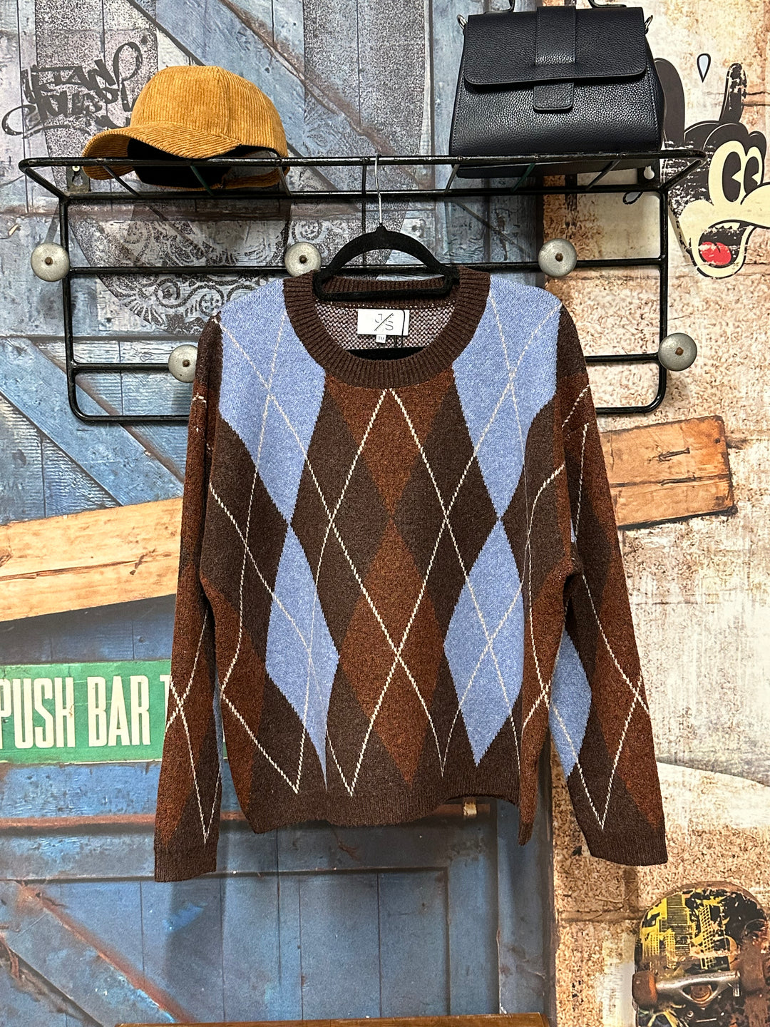 Strickpullover mit Argyle-Muster in Braun, Himmelblau und Rostrot (38/42)