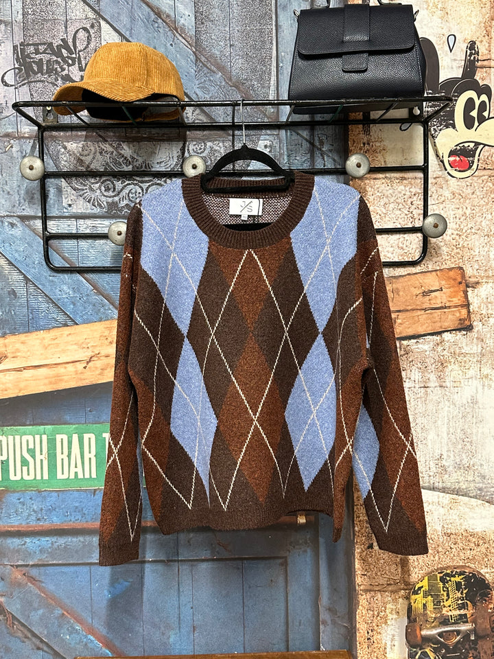 Strickpullover mit Argyle-Muster in Braun, Himmelblau und Rostrot (38/42)