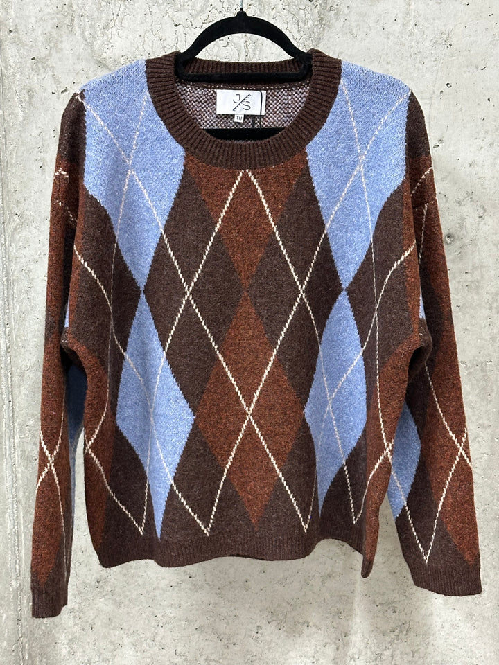 Strickpullover mit Argyle-Muster in Braun, Himmelblau und Rostrot (38/42)