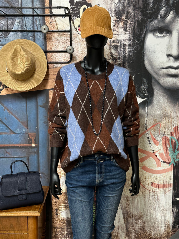 Strickpullover mit Argyle-Muster in Braun, Himmelblau und Rostrot (38/42)