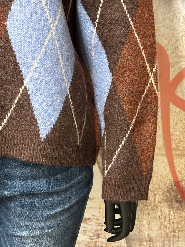 Strickpullover mit Argyle-Muster in Braun, Himmelblau und Rostrot (38/42)