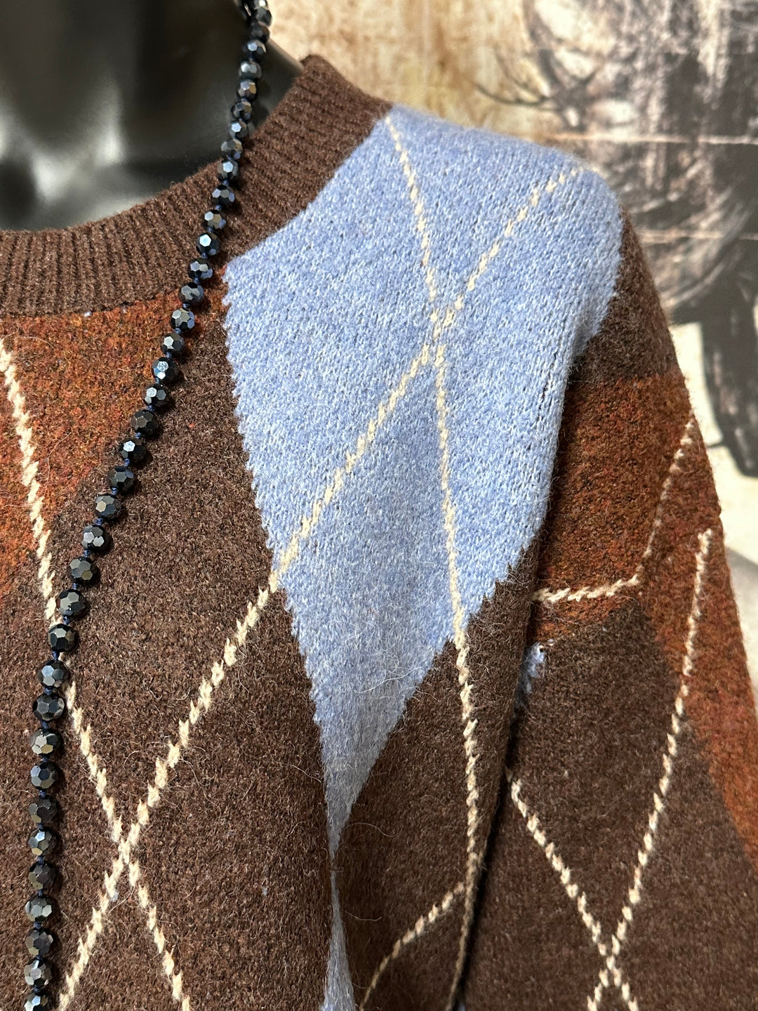 Strickpullover mit Argyle-Muster in Braun, Himmelblau und Rostrot (38/42)