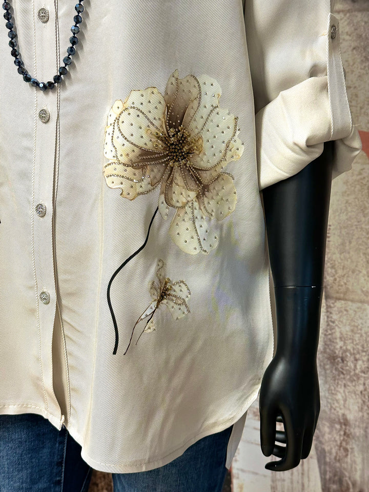 Chemisier/tunique motif "floral" bijoux beige (38/42) MADE IN ITALY