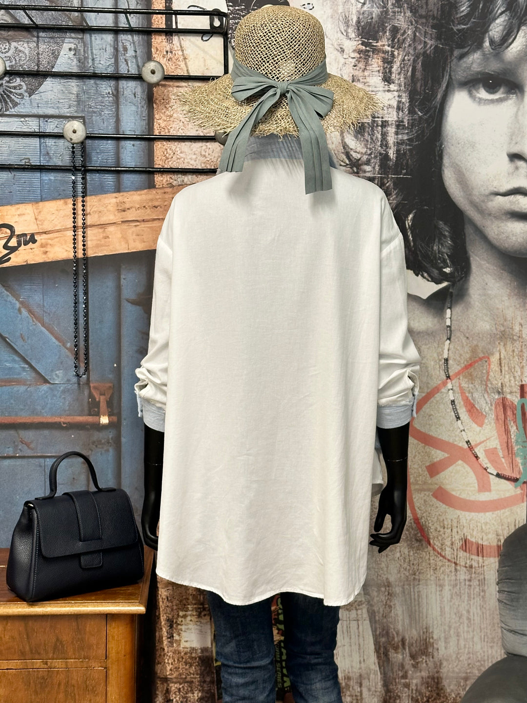 Chemisier bohème-chic "coeurs & volants" blanc et denim clair (38/40) (42/44)