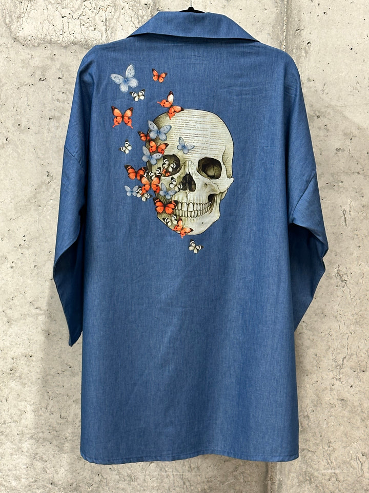 Tunique bleu denim "Skull & Butterflies" 100% coton (40/44) MADE IN ITALY