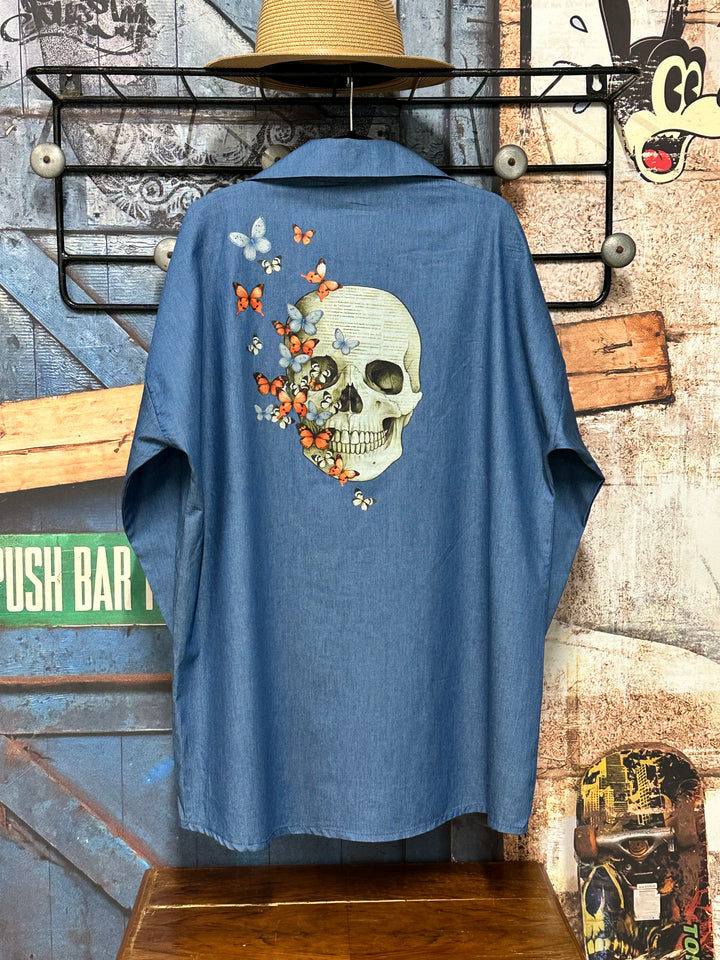 Tunique bleu denim "Skull & Butterflies" 100% coton (40/44) MADE IN ITALY