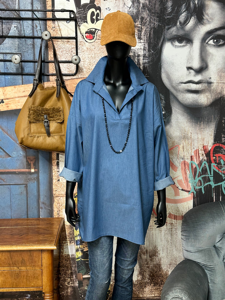 Tunique bleu denim "Skull & Butterflies" 100% coton (40/44) MADE IN ITALY