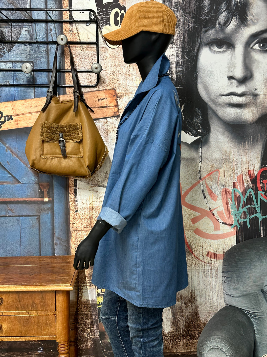 Tunique bleu denim "Skull & Butterflies" 100% coton (40/44) MADE IN ITALY