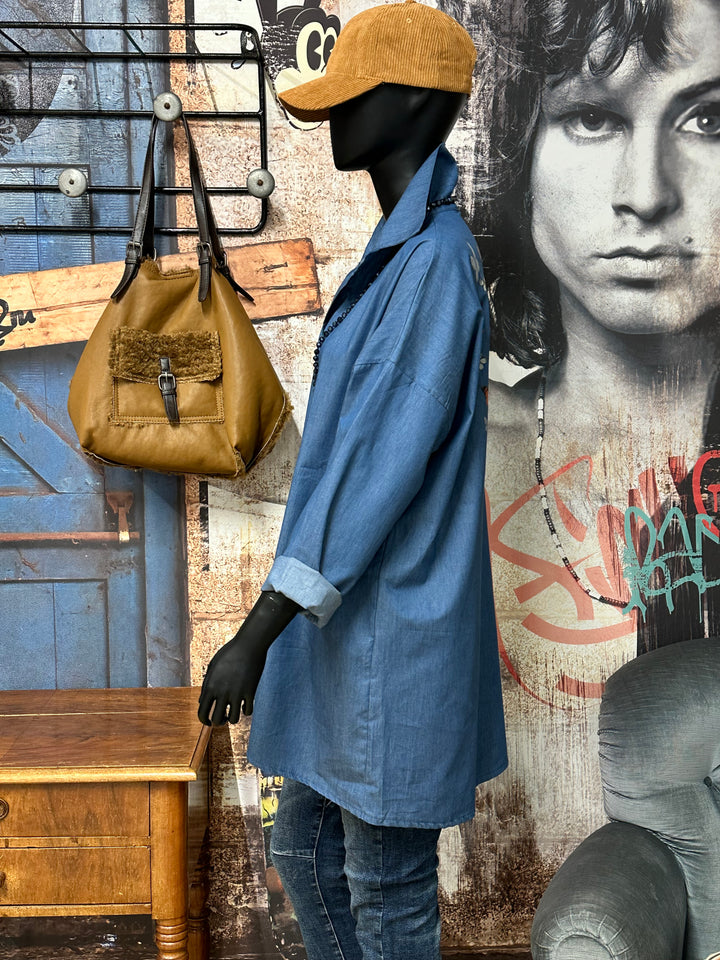 Tunique bleu denim "Skull & Butterflies" 100% coton (40/44) MADE IN ITALY