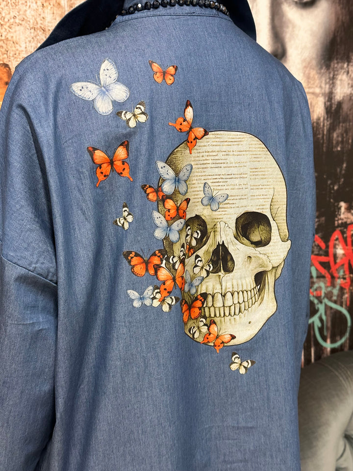 Tunique bleu denim "Skull & Butterflies" 100% coton (40/44) MADE IN ITALY